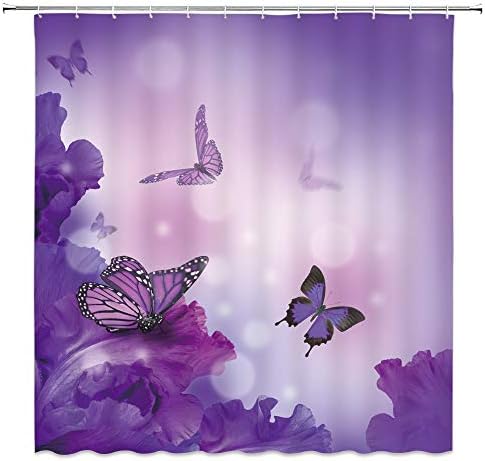 Завеса за душ с пеперуди XZMAN, лилаво цвете, Крила на пеперуда, Фантазия, Мечта, Пролетта растението, Природа, Тъканно Завеса