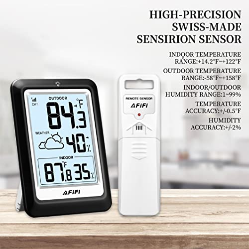 【 AFIFI 】 Безжичен термометър и влагомер за помещения и на улицата, както и прогноза за времето и паметта на дисплея