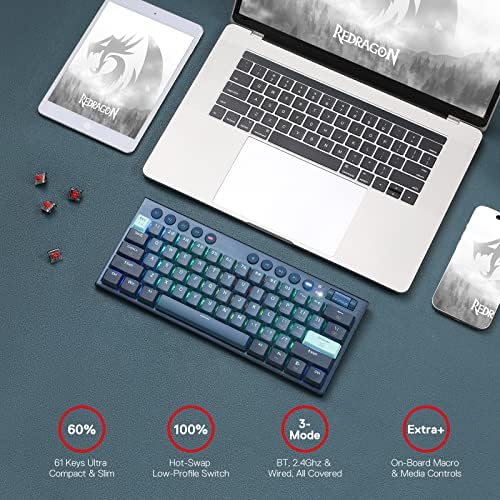 Redragon K632 PRO Noctis 60% Безжична ръчна RGB клавиатура, Bluetooth /2,4 Ghz / Жичен Трехрежимная Ультратонкая нисък