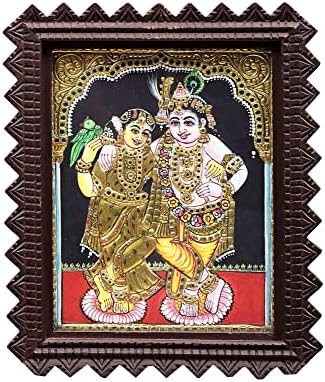 Снимка на Екзотична Индия 10 x 12 Господ Кришна и Радха Танджор | Традиционните Цветове С 24-Каратово злато | Рамка от Тиково дърво