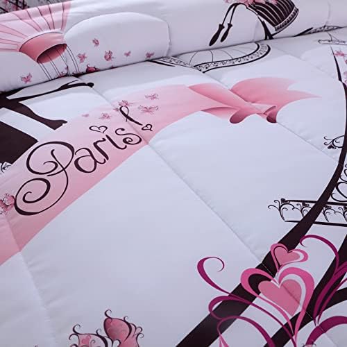 Романтичен Розов Комплект спално бельо в парижки стил за момичета и юноши, с размер Queen Size, Тематично спално