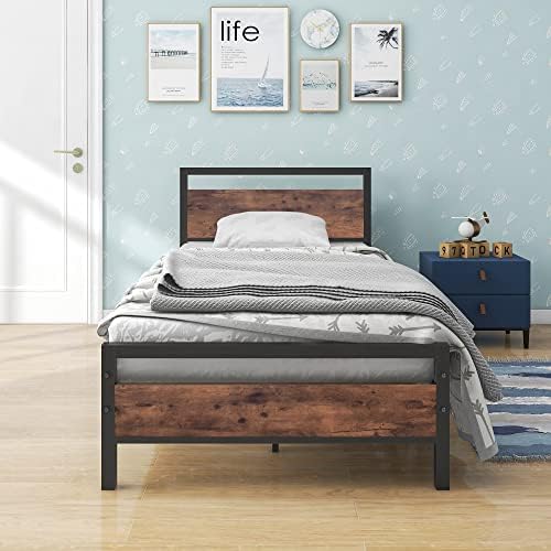 Рамка на легло BOFENG Twin Size с винтажным дървен таблата Farm легло, Рамки на легла на метална платформа за тежки условия