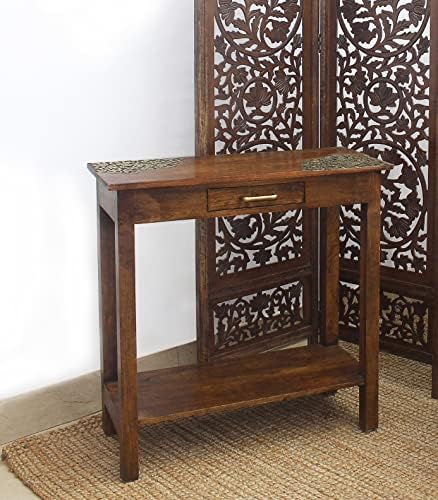 Маса за дивана с конзола акцент от дърво - Античен маса за ръчна работа с кафяво-златист метален дизайн, Маса