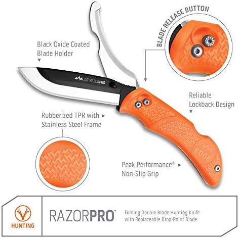 Сгъваем ловен нож OUTDOOR EDGE RazorPro с двойно острие - техническо превръзки нож Blaze Orange Оборудван сменен нож,