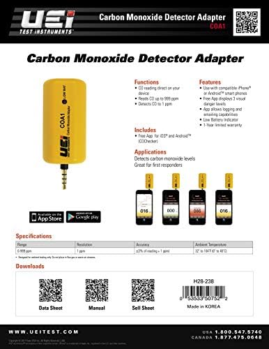 UEi Test Instruments COA1 Адаптер за измерване на въглероден оксид / Приложение