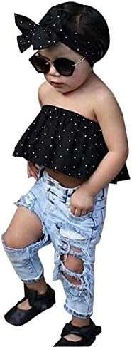 Модерен Топ в грах с открити рамене За малки момичета + Издържат Скъсани Дънки + Комплект Дрехи С превръзка На главата