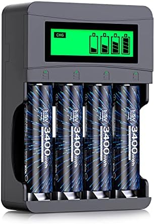 Акумулаторни батерии Deleepow 1,5 AA 4 комплекта с LCD дисплей Smart Charger и пакет от 4 литиеви батерии AA 1500 Цикъла