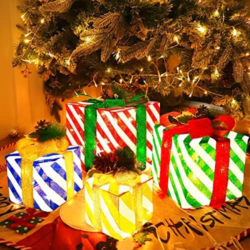 [ Супер Голям 12-10-8-7 ] 4 Опаковане на Подарък Кутии с осветление, Коледна Украса, 70 Светодиоди, 8 Режима, Таймер,