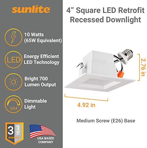 Осветителни тела Sunlite 41117 LED Retrofit 4-инчов квадратни, Средна база, с регулируема яркост, 10 W (65 W =),