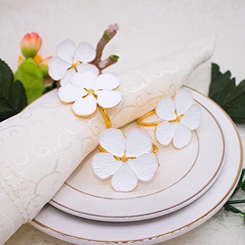 Елегантни Пръстени за салфетки с бели цветя, Комплект от 4-те, Златни Поставки за Салфетки с цветен модел за Дневни