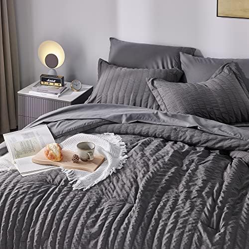 Комплект спално бельо CozyLux Full крепон на ивици от чаршафите Тъмно Сиво легло в Леглото от 7 теми, Всесезонни Комплекти