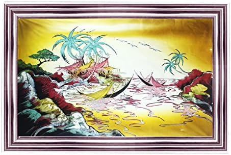 Художествена живопис батик Рибарско селище (жълт цвят) (150 см х 90 см)