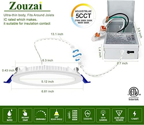 zouzai 24 опаковки с 6-инчов ултратънък led-вградени тавана лампа с разпределителната кутия 5CCT с регулируема яркост
