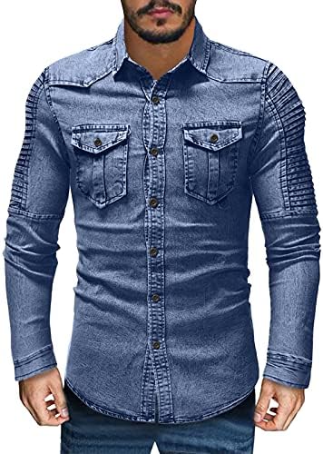 BEUU Дънкови Леки Сака и Ризи за мъже, Модни Есенни Ежедневни Работни Ризи с копчета в стил Ретро 2021 г. с джобове