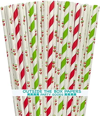 Хартиени сламки с Черешов модел - Хартиени сламки в Червена, Бяла и Зелена ивица - 100 Опаковки Обикновена хартия