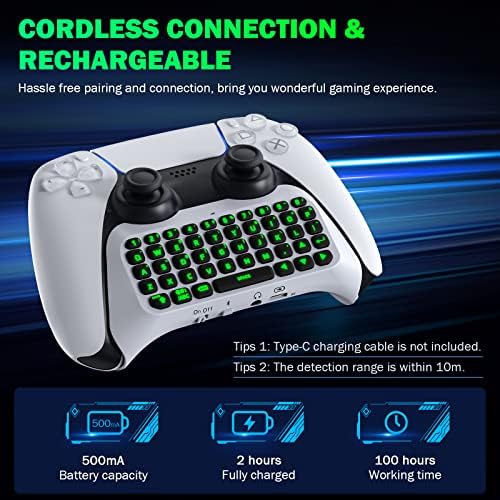Клавиатура MoKo за контролер PS5 със зелена подсветка, Безжична Мини клавиатура Bluetooth Chatpad за Playstation 5, Вградени