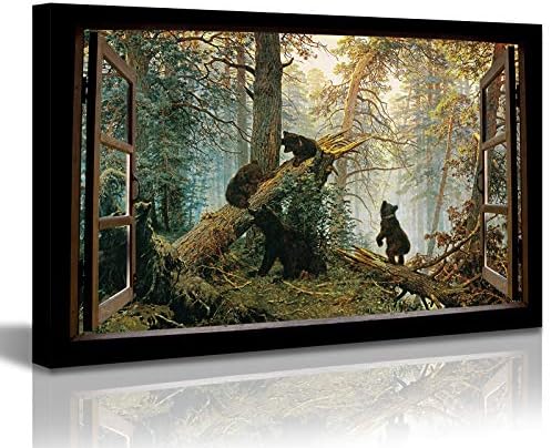 Фалшиви Картини на Прозорци, Монтиране на Изкуството на Черни Мечки в Гората Живопис Плакат на Дивата Природа Арт Декор 24x36
