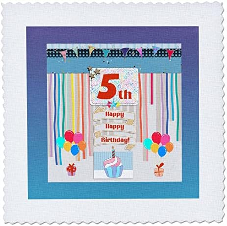 Триизмерен образ на етикет на 5-ти рожден ден, торта, свещи, балони, подаръци. - Quilt Squares (qs_359165_10)
