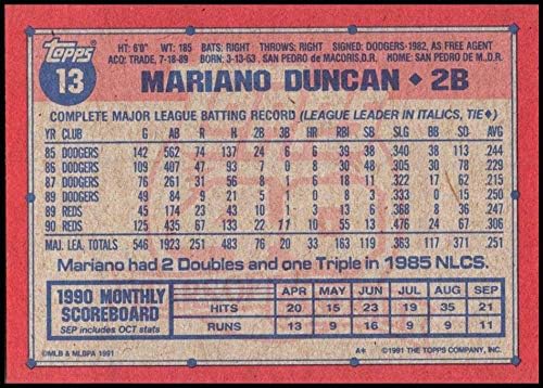 1991 Topps 13 Мариано Дънкан Ню Йорк-MT Синсинати Редс Официално Лицензирана бейзболна картичка MLB