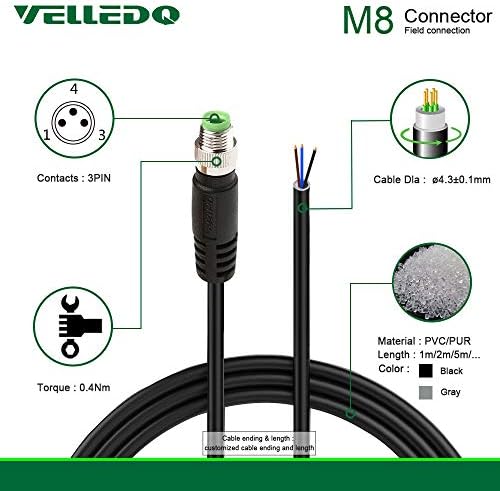 Промишлен Предварително Опънат кабел VELLEDQ M8 с 3-Пинов конектор A-Coding 3 М / 10-подножието линия PVC