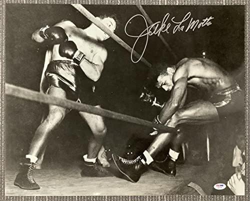Джейк Ламотта Подписа Снимка с боксерским автограф 16x20 Шугър Робинсън Нокаут PSA/ ДНК - Боксови снимки с автограф