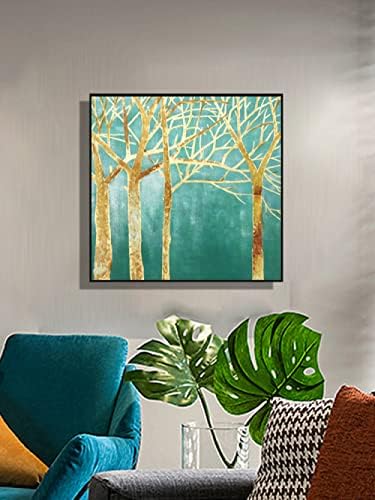 Голяма картина с маслени бои PIOUY, Модерен Абстрактен Пейзаж със Златни Клоните на Дървото, Зелен, Много Голяма