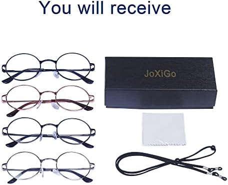 JoXiGo, 4 опаковки очила за четене за жени и мъже, кръгла, метална дограма в ретро стил + лента за очила