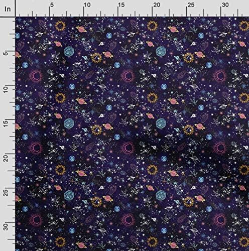 Тъкани от поли-крепа Soimoi тъмно синьо с принтом Планета Галактика, ширина ярда 52 инча