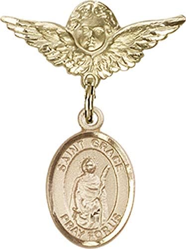 Детски икона Jewels Мания за талисман на Свети Грейс и пин Ангел с крила | Детски икона от 14-каратово злато с талисман