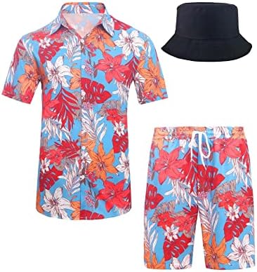 FLLSGT Мъжки Хавайска Риза и къси Панталони, Комплекти, Дрехи за Почивка от 2 теми, Ежедневни, Плажни Костюми Копчета с