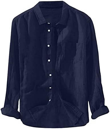 Реколта обикновена памучни ленени ризи за мъже, ежедневни ризи с дълъг ръкав и отложным яка, копчета, потници, блузи