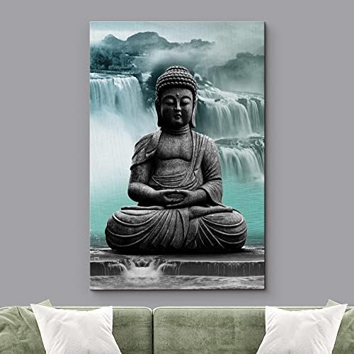 wall26 Печат върху платно Стенно Изкуство на Дзен Статуя на Буда Водопад Пейзаж Природата е Дива Местността Дигитално