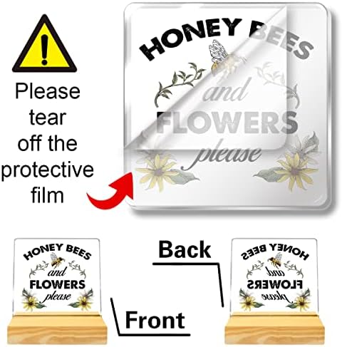 Пролетен Цветен Пчелен Декор на Масата, Медоносните Пчели и Цветя Акрилна Плоча с Дървена Стойка Тенис на Декор за Фермерска