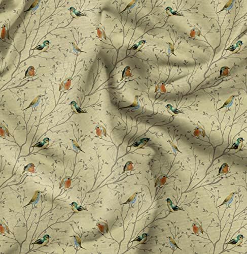 Плат Soimoi от бежовата памучен воал, с принтом листа и цветни птици ширина 58 см