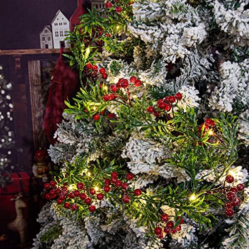 Коледна Гирлянда Дължина от 5,9 метра с Червени Плодове и Зелени Листа, 20 led Крушки за Декор Елхи, Украса за парти