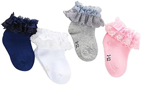 Дантелени чорапи с Волани за малки Момичета, Елегантни Чорапи Принцеса с Лък, Комплект от 4 Бял/Розов/Сив/тъмно синьо/и
