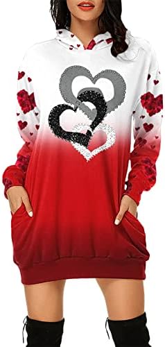 mmknlrm Дамски дълга hoody с качулка с принтом за Свети Валентин, ден за ден пуловер с дълъг ръкав, рокля-hoody