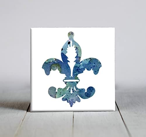 Декоративни плочки цветове синьо абстрактна акварел Fleur De Lis (6 X 6 в рамка)