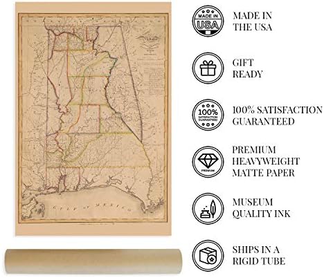 Историческа Реколта карта на щата Алабама 1819 г. - Стенни карти на Алабама размер 24x36 инча - Стар плакат на Алабама - Историческата