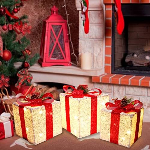 Коледни кутии с Подсветка Aesto, Комплект от 3 Подарък Кутии с Осветление и Червени Панделки за Коледна украса на закрито и на