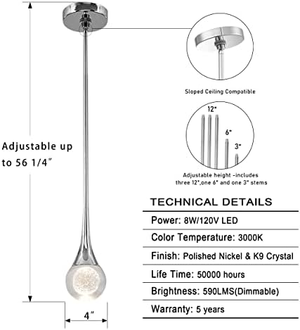 Окачен лампа Untrammelife 1-Light с Каплевидным кристал, Таван, Висящи осветителни тела под формата на мини-Глобус с Полирани