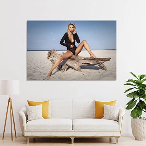 Момиче Плакат Платно Изкуството на Красотата Секси Блондинка с Ниско деколте Седи на дървото на Плажа на