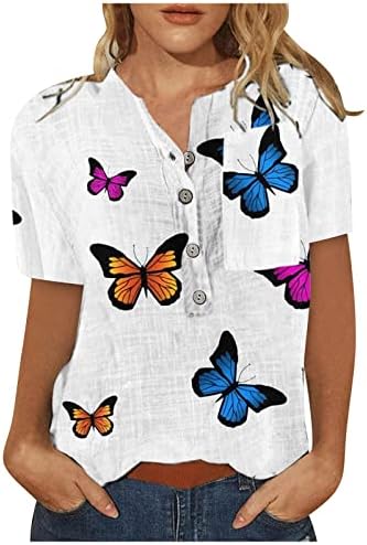 Блуза-риза с къс ръкав за Момичета, Памучен Ежедневна Блуза с Кръгло деколте и Копчета и Пеперуда с Абстрактна
