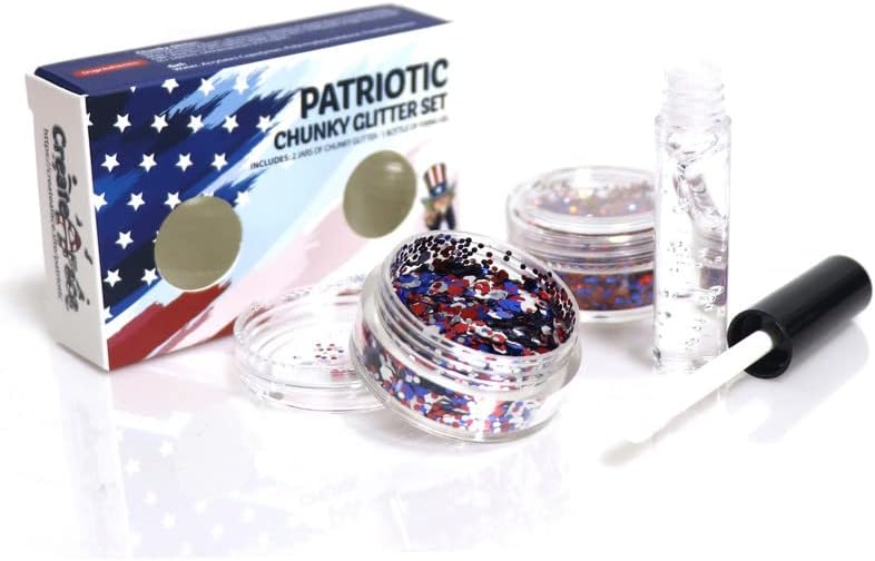 САЩ Набор от пайети за лице, тяло, нокти, коса и очи (2 Кутии по 5 грама Синьо, червено и бяло) за Патриотични
