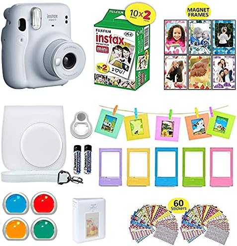 Фотоапарат непосредствена печат Fujifilm Instax Mini 11 Ice White + Чанта за носене съвместим с затвор + Комплект Fuji Film Value Pack (20 листа) + Комплект аксесоари за затвора, цветни филтр?
