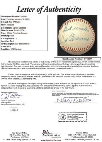 Изключителният сингъл на Тед Уилямс 1950-те години, с автограф от OAL (Харридж) Бейзбол JSA LOA - Бейзболни топки с