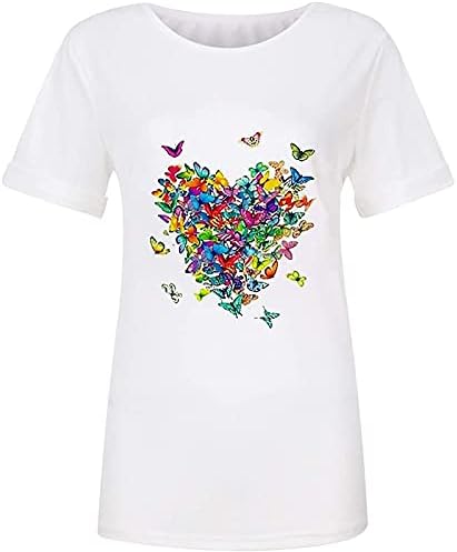 Тениски с образа на пеперудите и Сърцата си за Жени, Реколта Върхове с Кръгло деколте, Риза с Къс Ръкав, Ежедневни