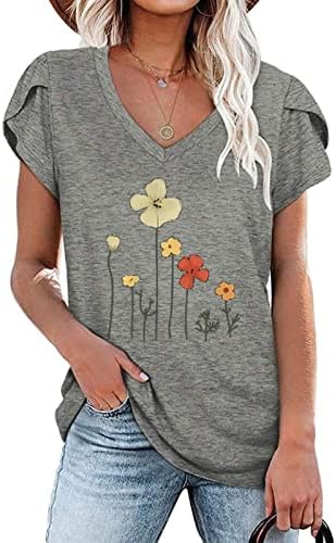 Тениски с Цветен Модел на Wildflower за Жени, Къс Ръкав, Дълбоко V-Образно Квадратен Силует, Ежедневна Блуза от