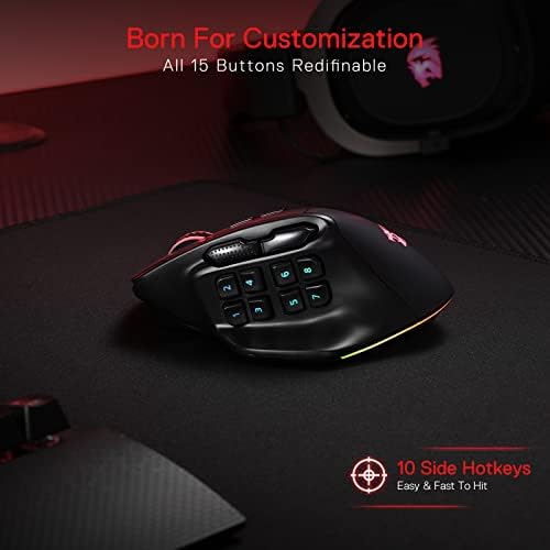 Безжична MMO-детска мишката Redragon M811 PRO, 15 Програмируеми бутона RGB Gamer Mouse с Ергономичен естествено
