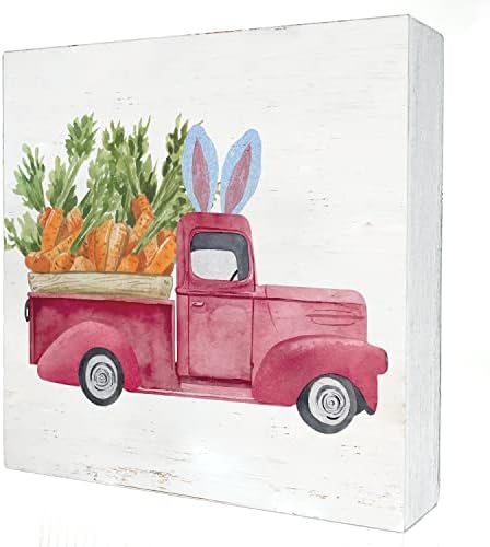 Селска Великден Камион с Моркови Дървена Кутия Знак Тенис на Декор 5 x 5 Инча Акварел Великден Пролетно Моркови Скоростна